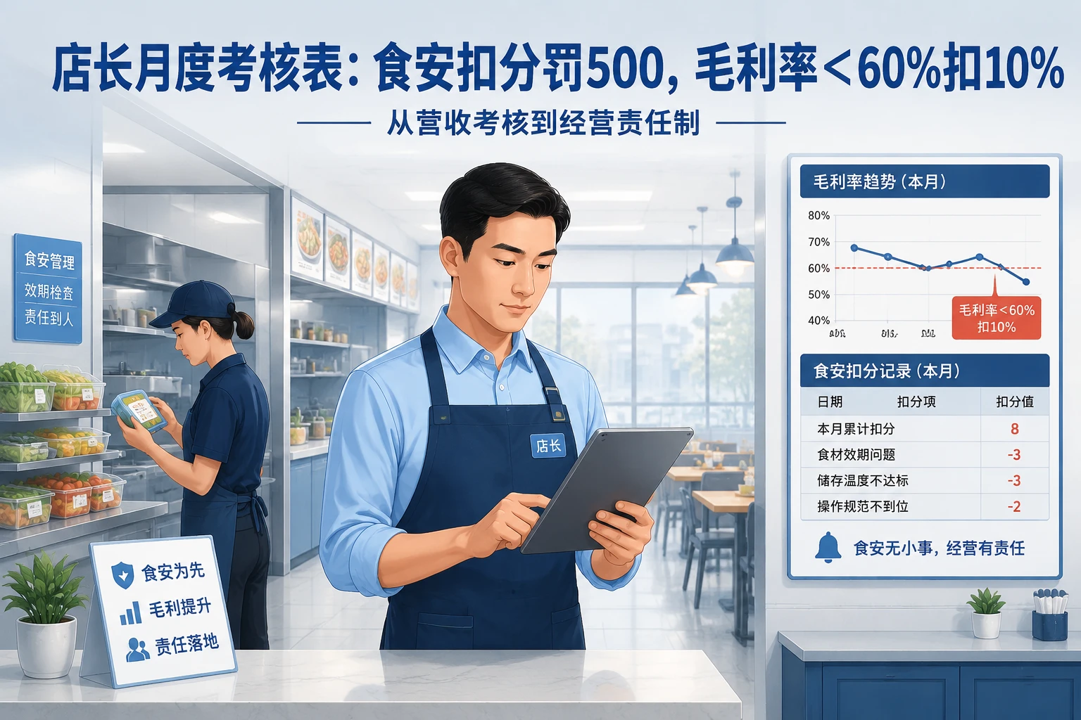 连锁餐饮店长月度考核表：食安扣分罚500，毛利率＜60%扣10%