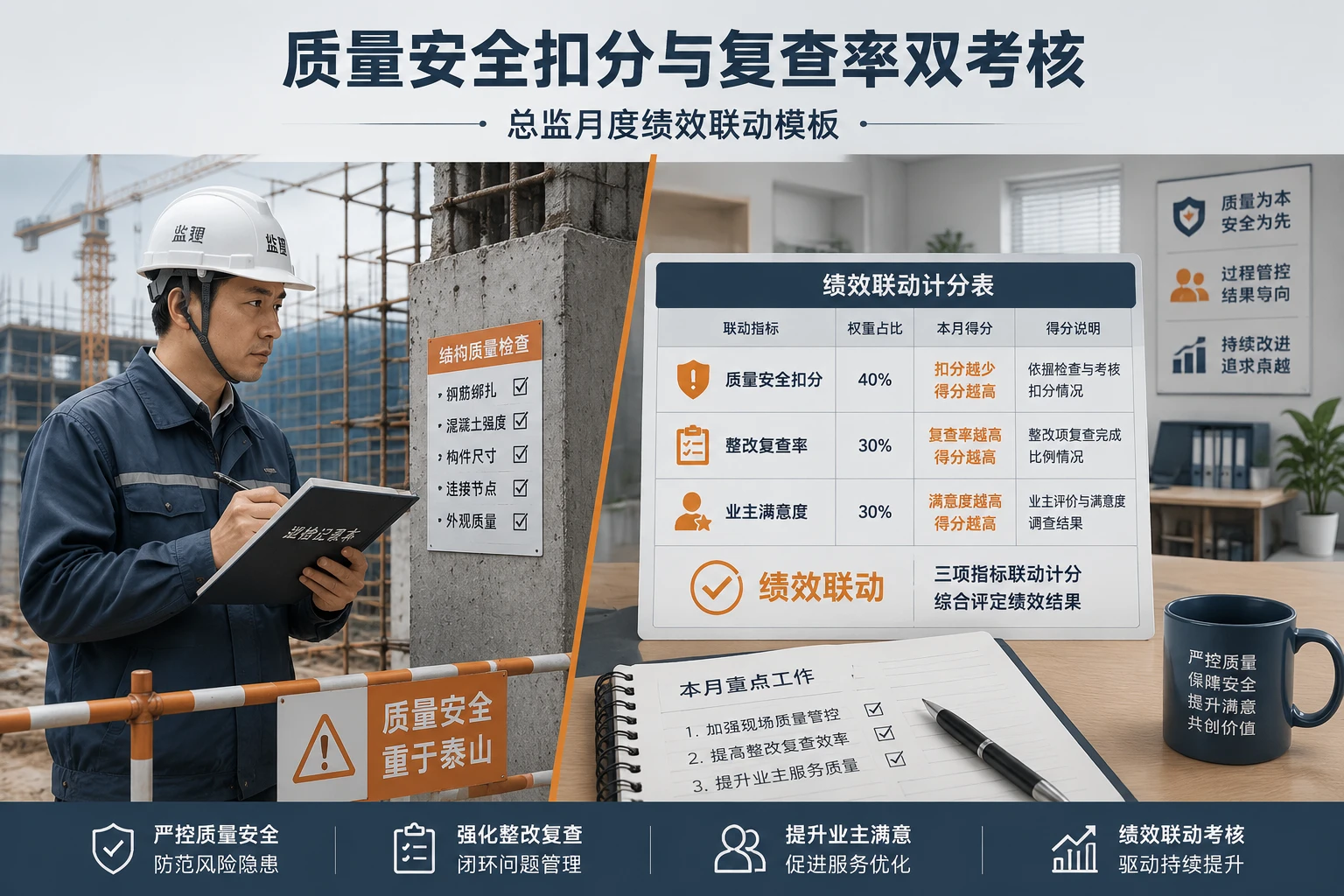总监月度绩效联动模板：质量安全扣分与复查率双考核