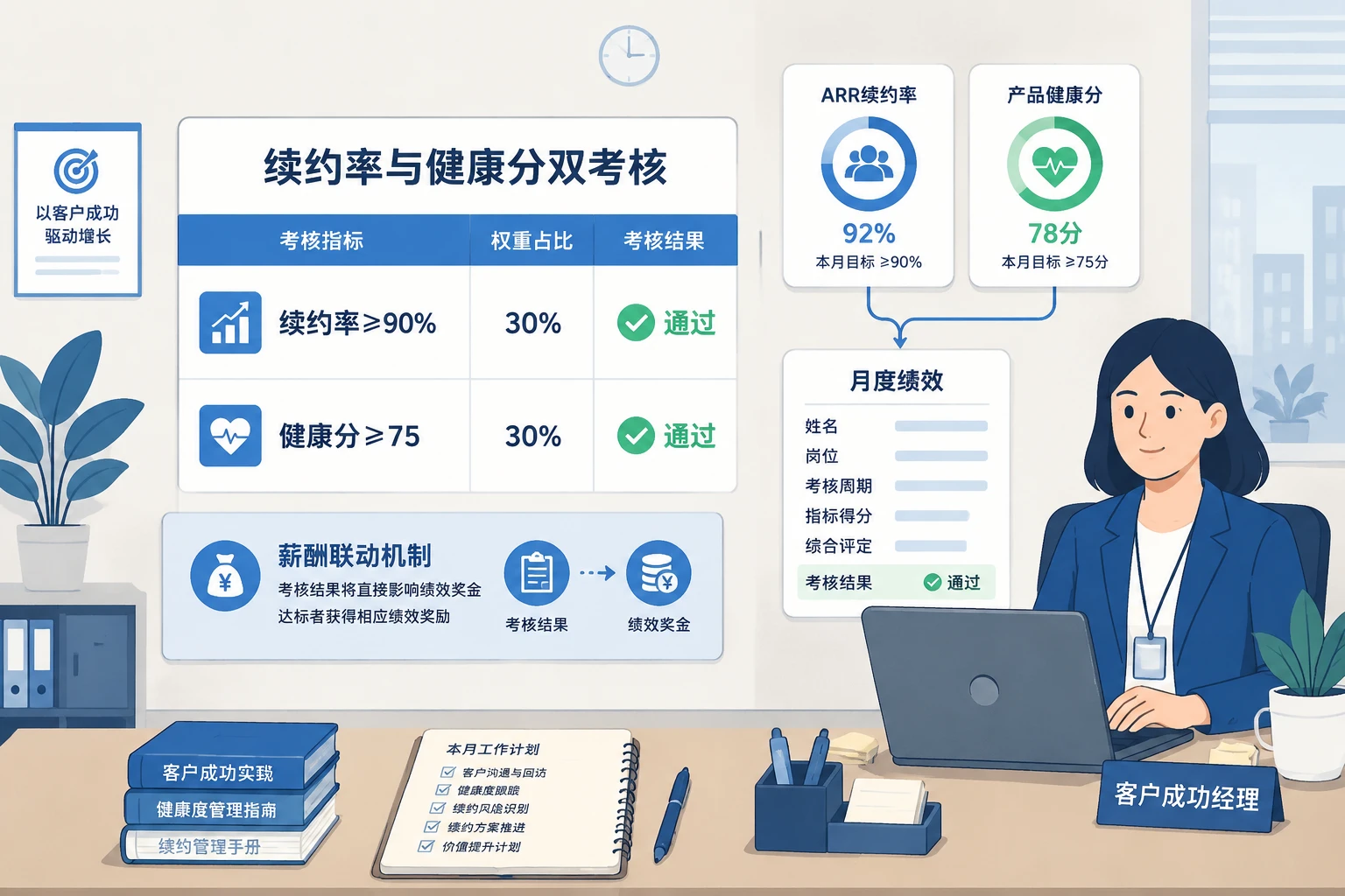 客户成功经理绩效联动表：续约率与健康分双考核