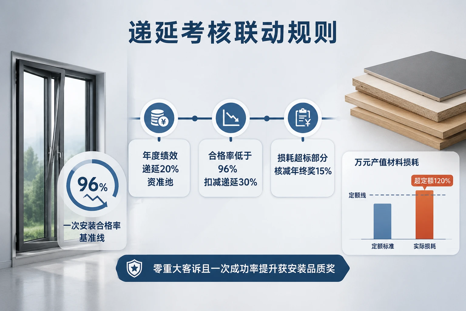 2026年门窗安装班组绩效递延考核表：一次安装合格率与损耗扣减规则