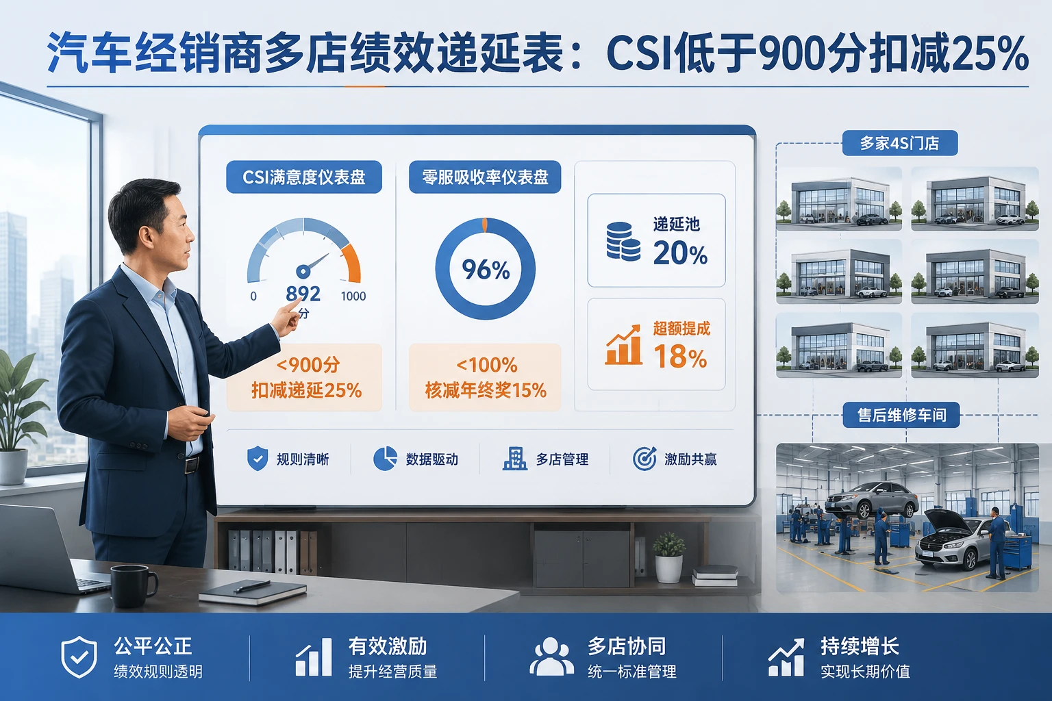 汽车经销商多店绩效递延表：CSI低于900分扣减25%