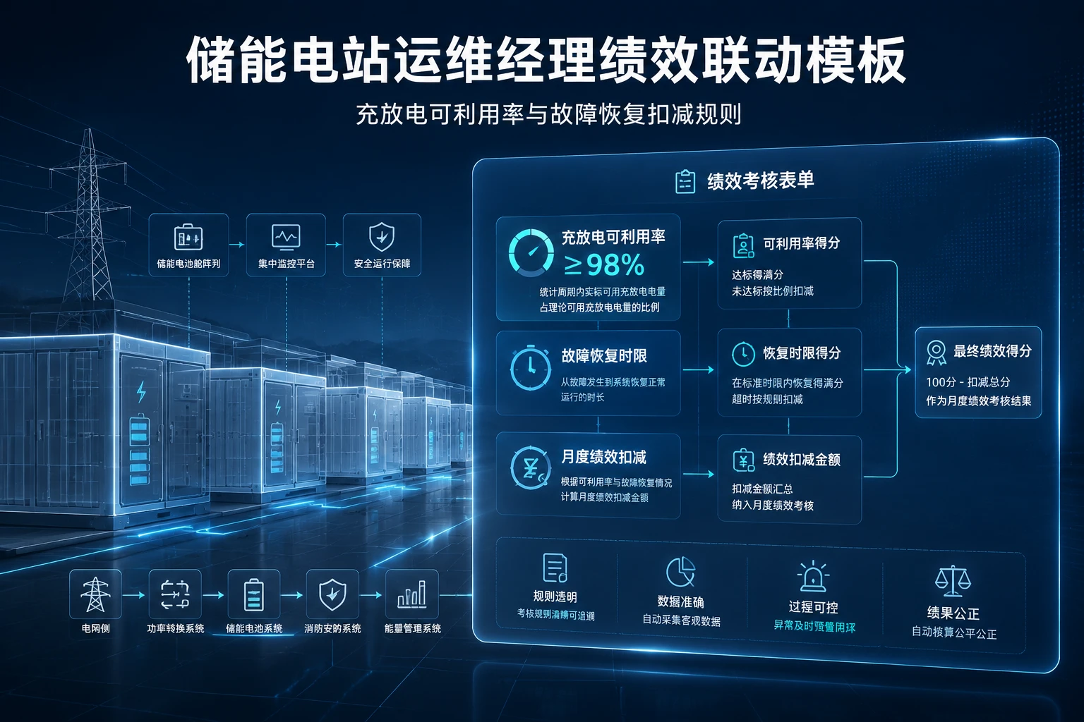 储能电站运维经理绩效联动模板：充放电可利用率与故障恢复扣减规则