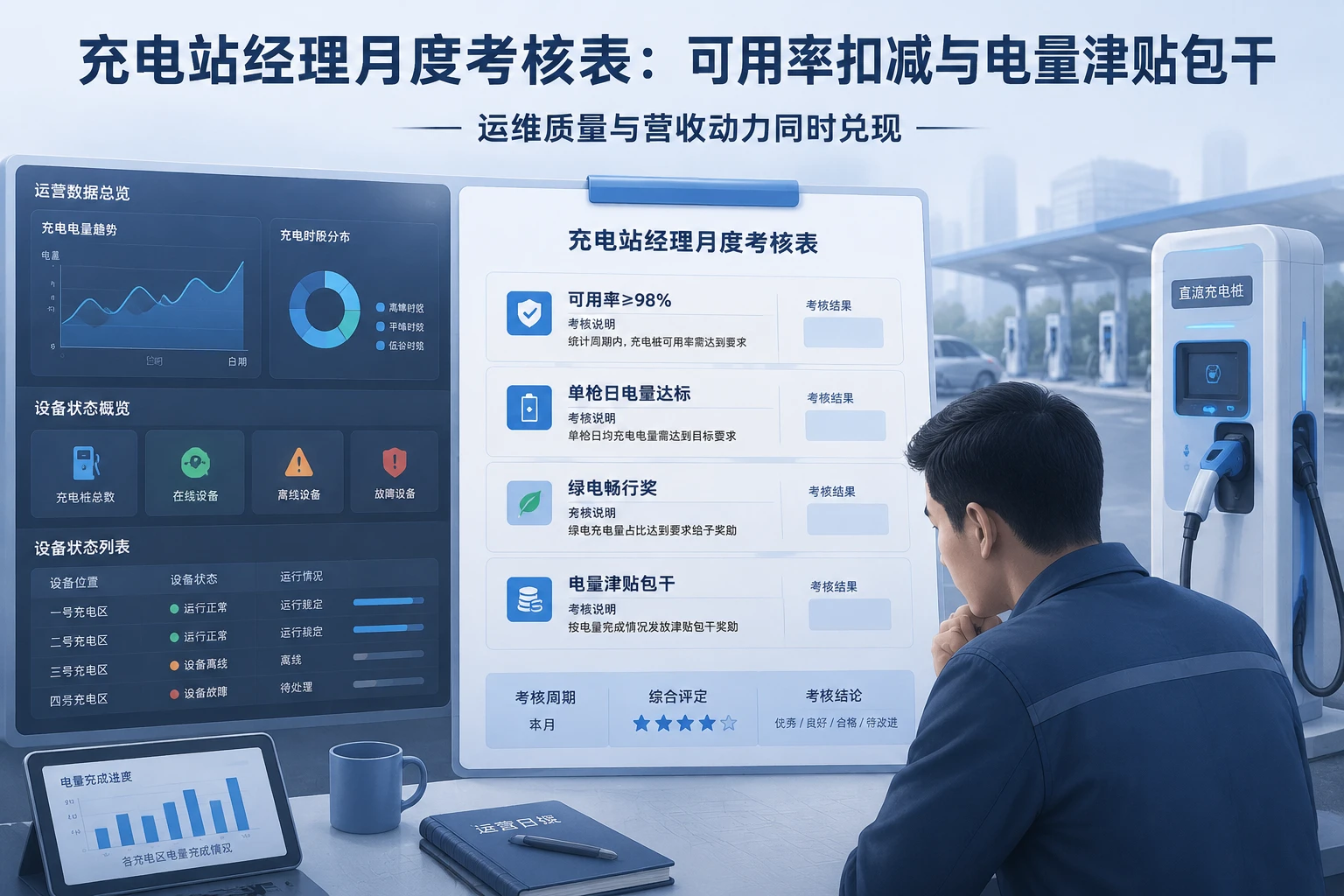 充电站经理月度考核表:可用率低于98%扣减与电量津贴包干