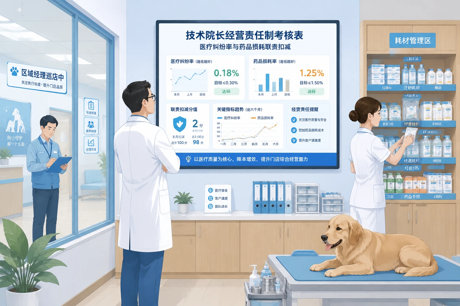 连锁宠物医院技术院长经营责任制考核表：医疗纠纷率与药品损耗联责扣减（2026年版）