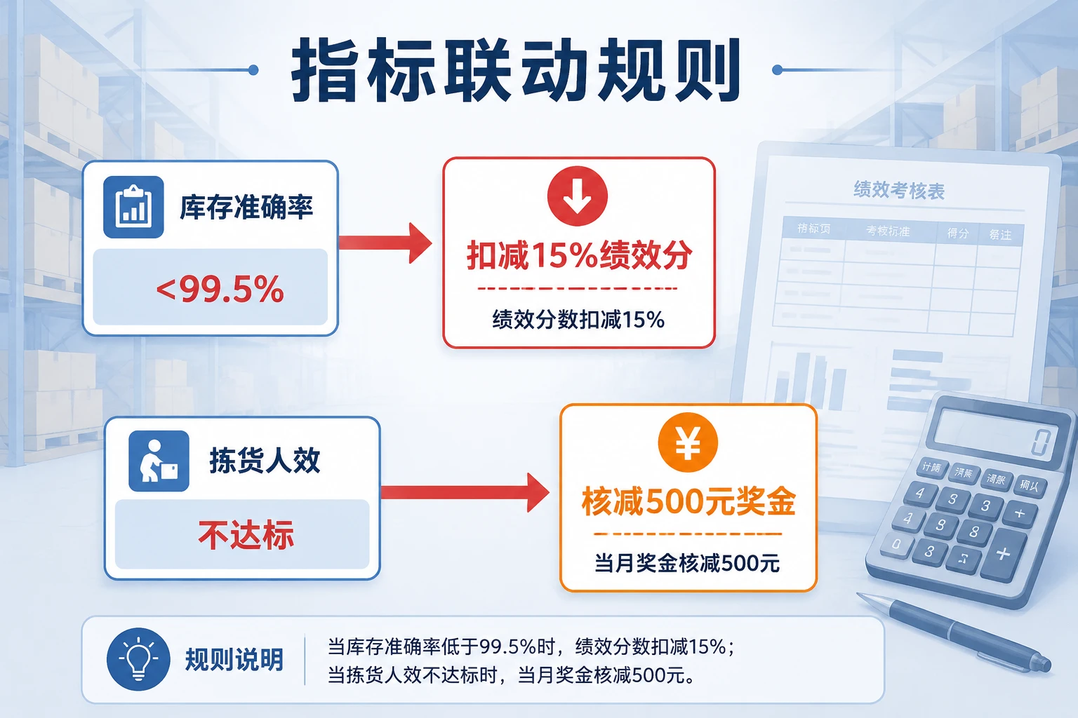 仓储运营经理绩效联动表：库存准确率与拣货人效考核
