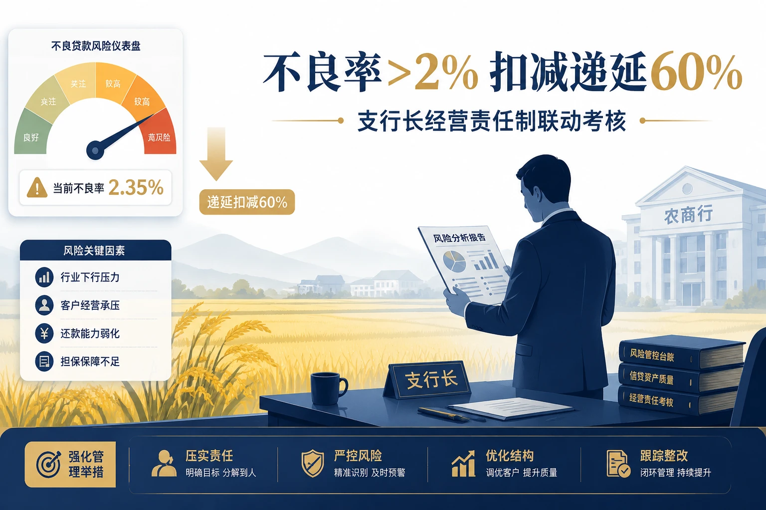 农商行支行长经营责任制：不良率>2%扣减递延60%联动考核
