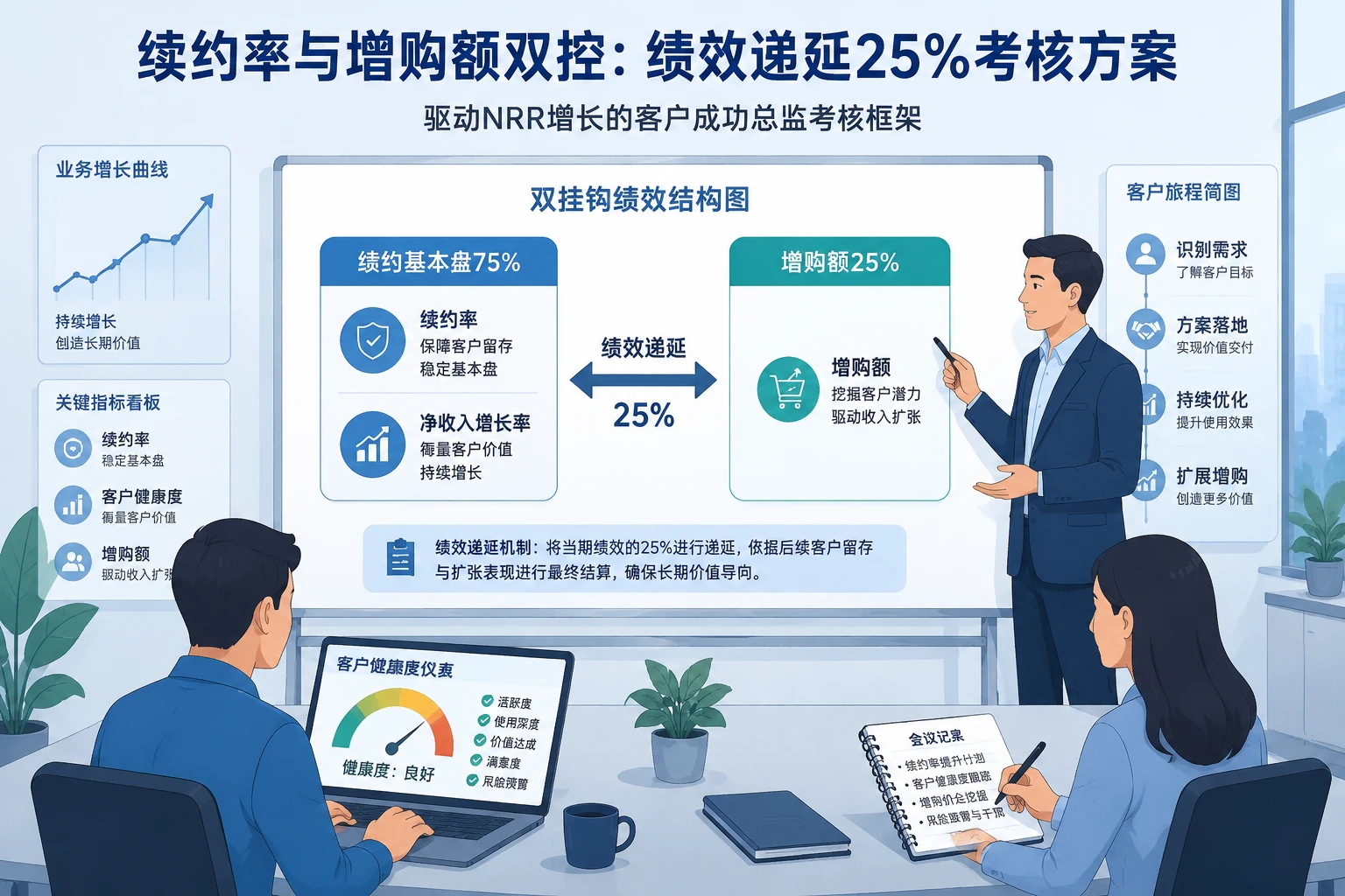 2026年SaaS客户成功总监绩效递延25%考核：续约率与增购额双控