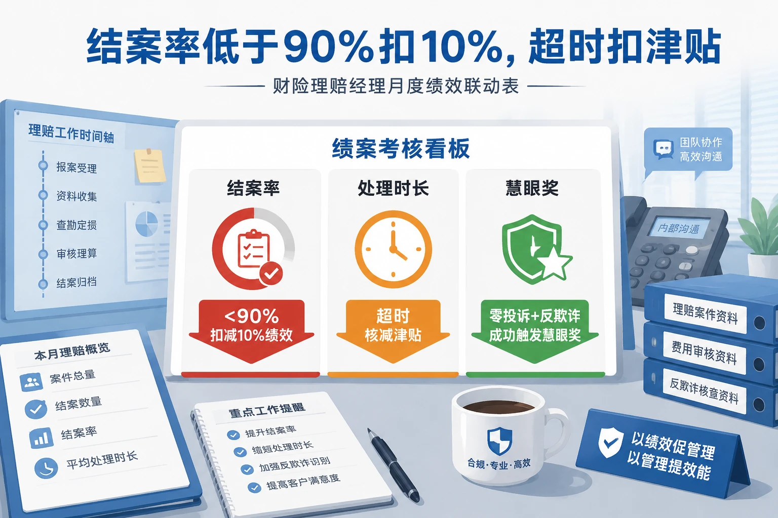 财险理赔经理绩效表：结案率低于90%扣10%，超时扣津贴（2026年版）