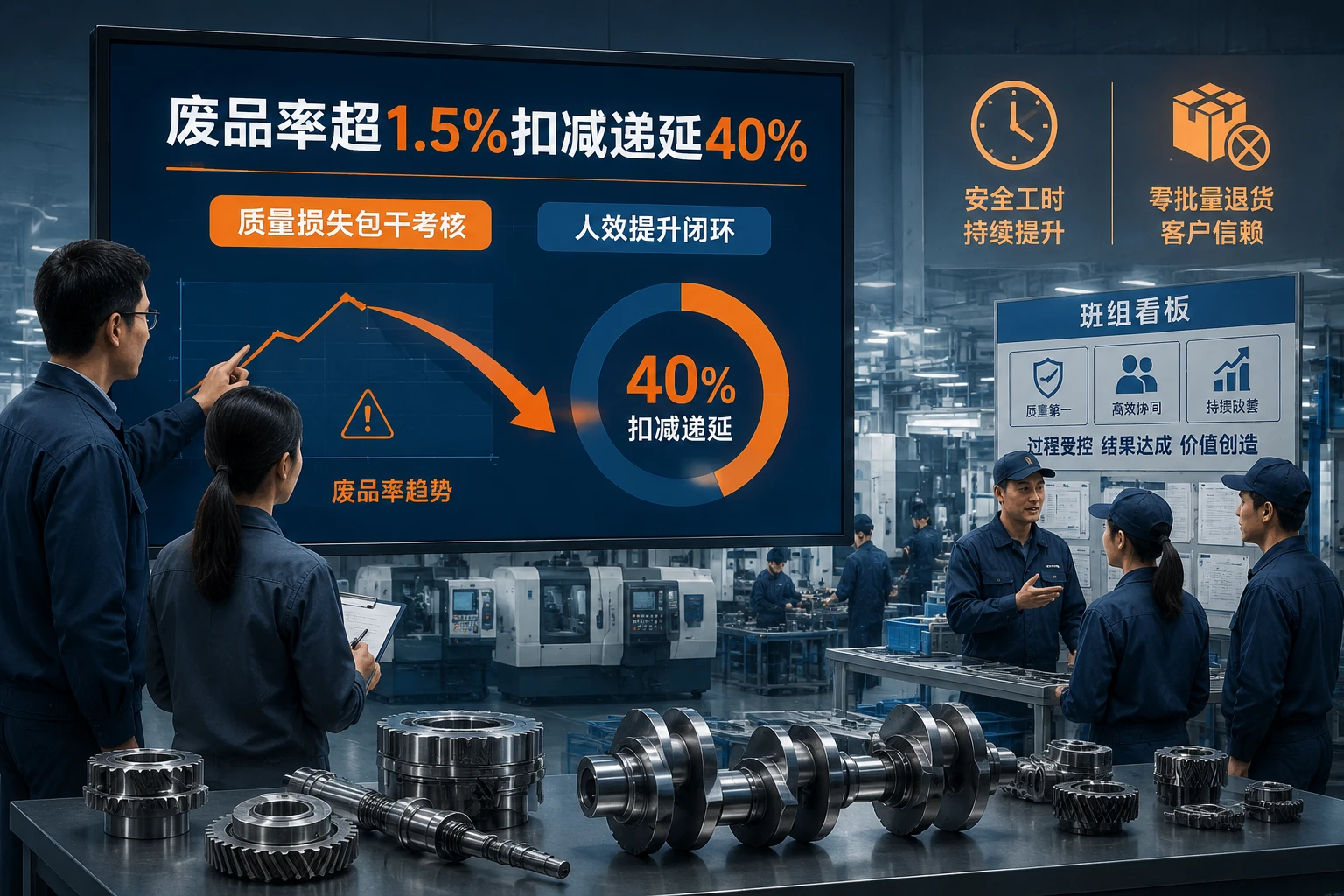 汽车零部件班组质损包干考核：废品率超1.5%扣减递延40%