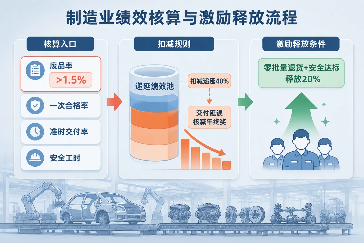 汽车零部件班组质损包干考核：废品率超1.5%扣减递延40%