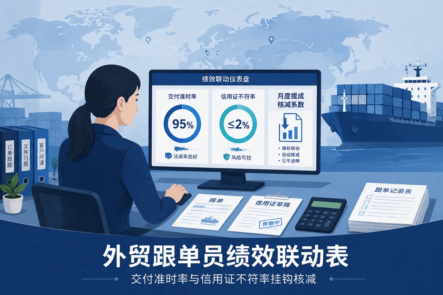外贸跟单员绩效联动表:交付准时率与信用证不符率挂钩核减