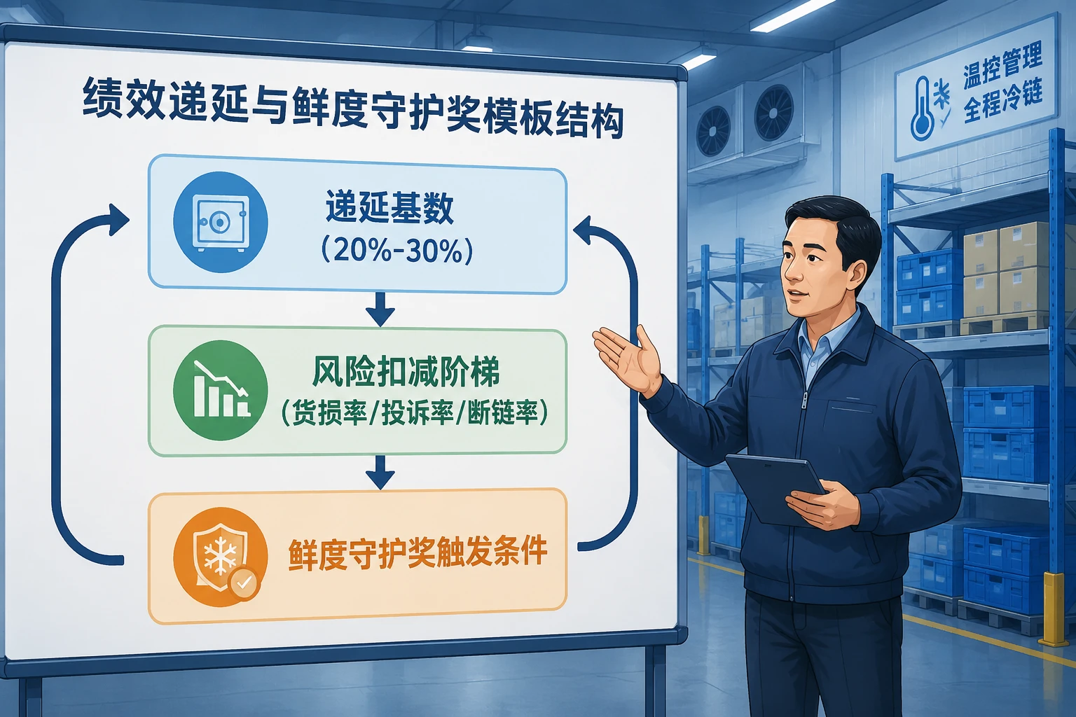 冷链仓配经理绩效递延模板：货损率断链率与鲜度奖联动