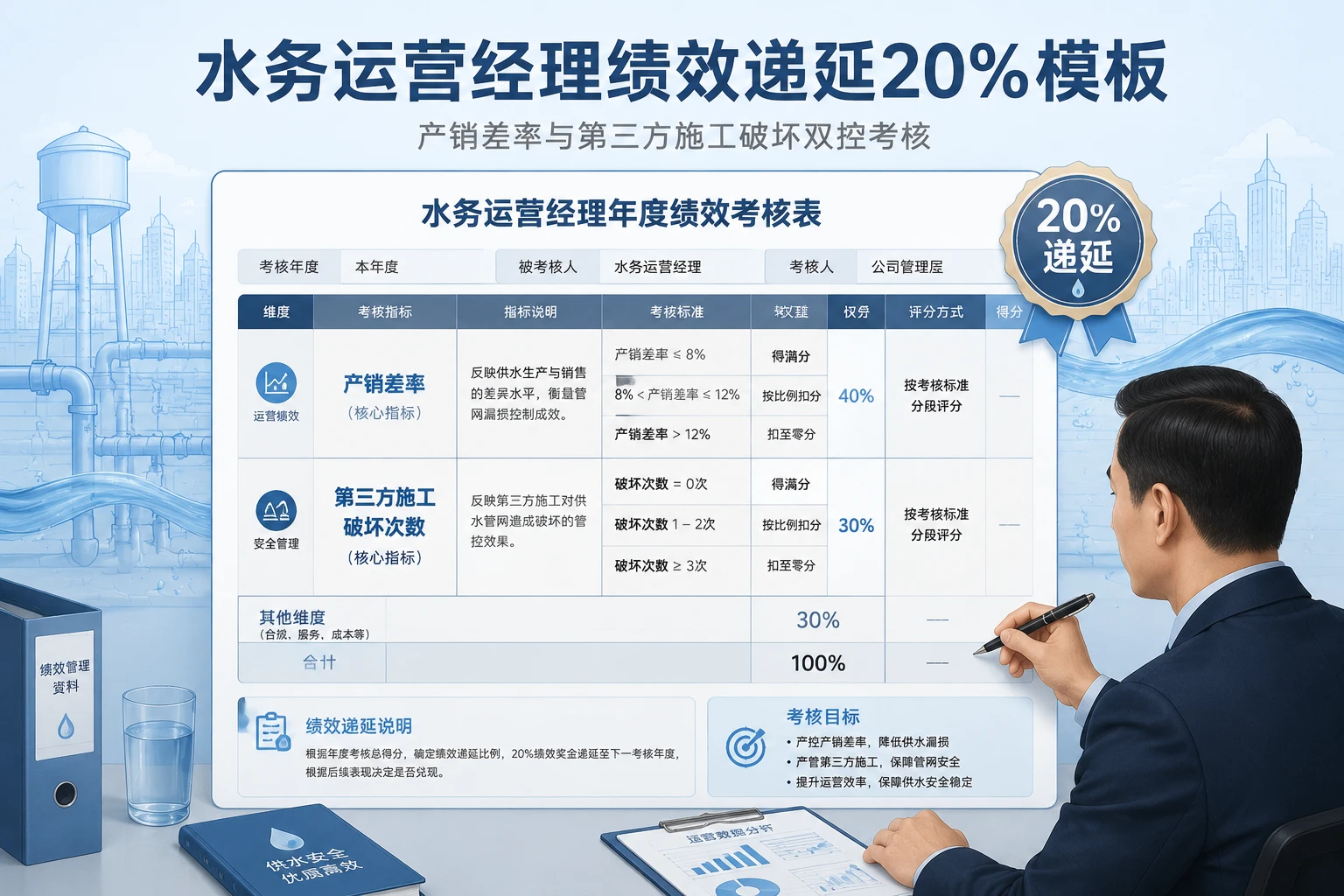 水务运营经理绩效递延20%模板：产销差率与第三方破坏双控（2026年版）