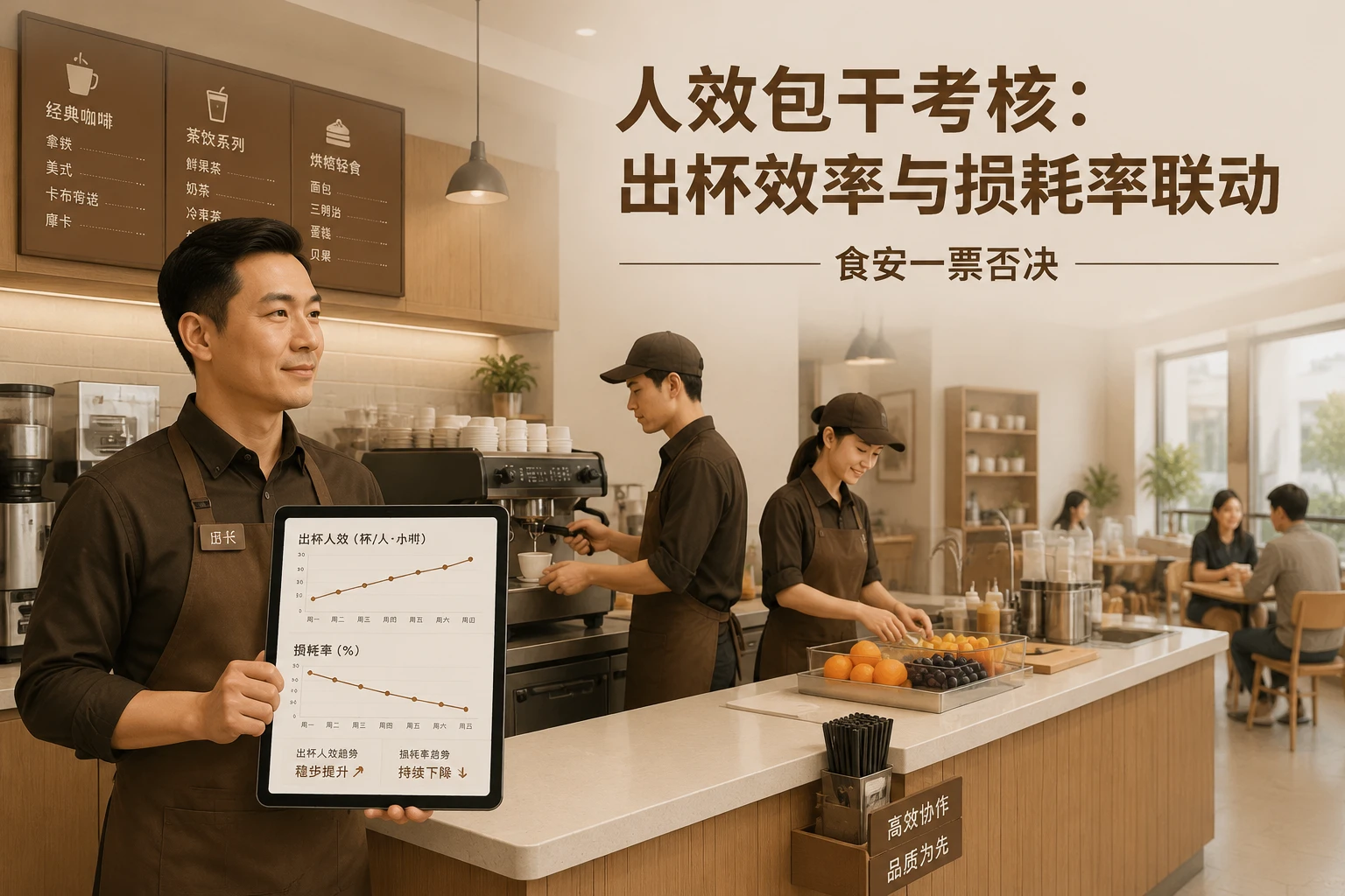连锁咖啡店长人效包干考核表：出杯效率与损耗率联动，食安否决