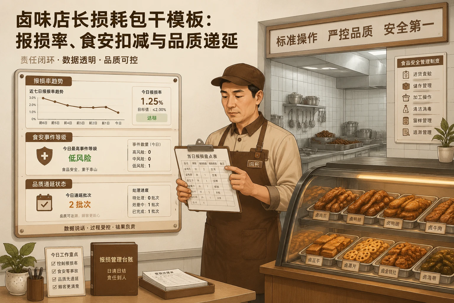 连锁卤味店长损耗包干模板：报损率、食安扣减与品质递延