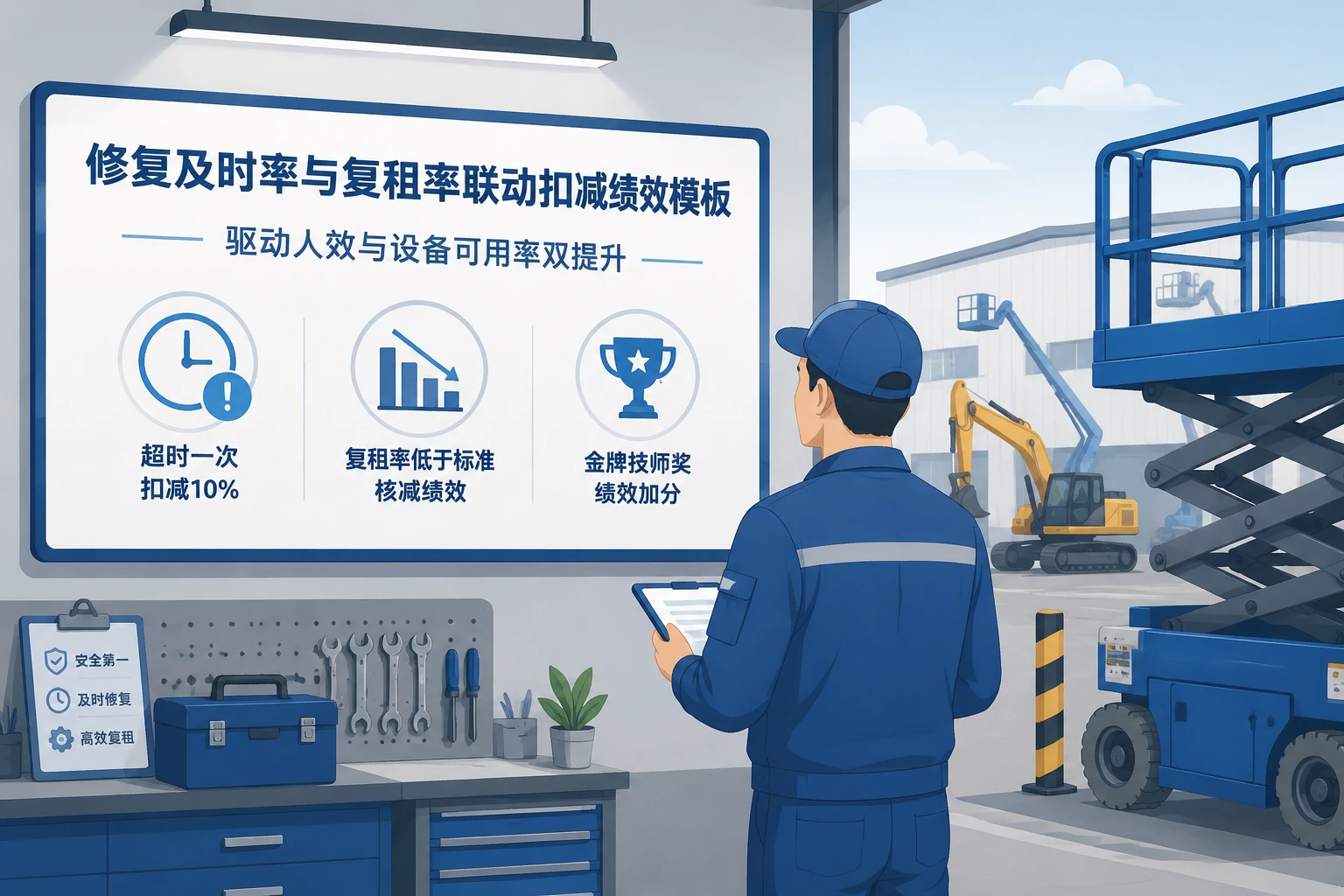 2026年工业设备租赁维修技师绩效模板:修复及时率与复租率联动扣减