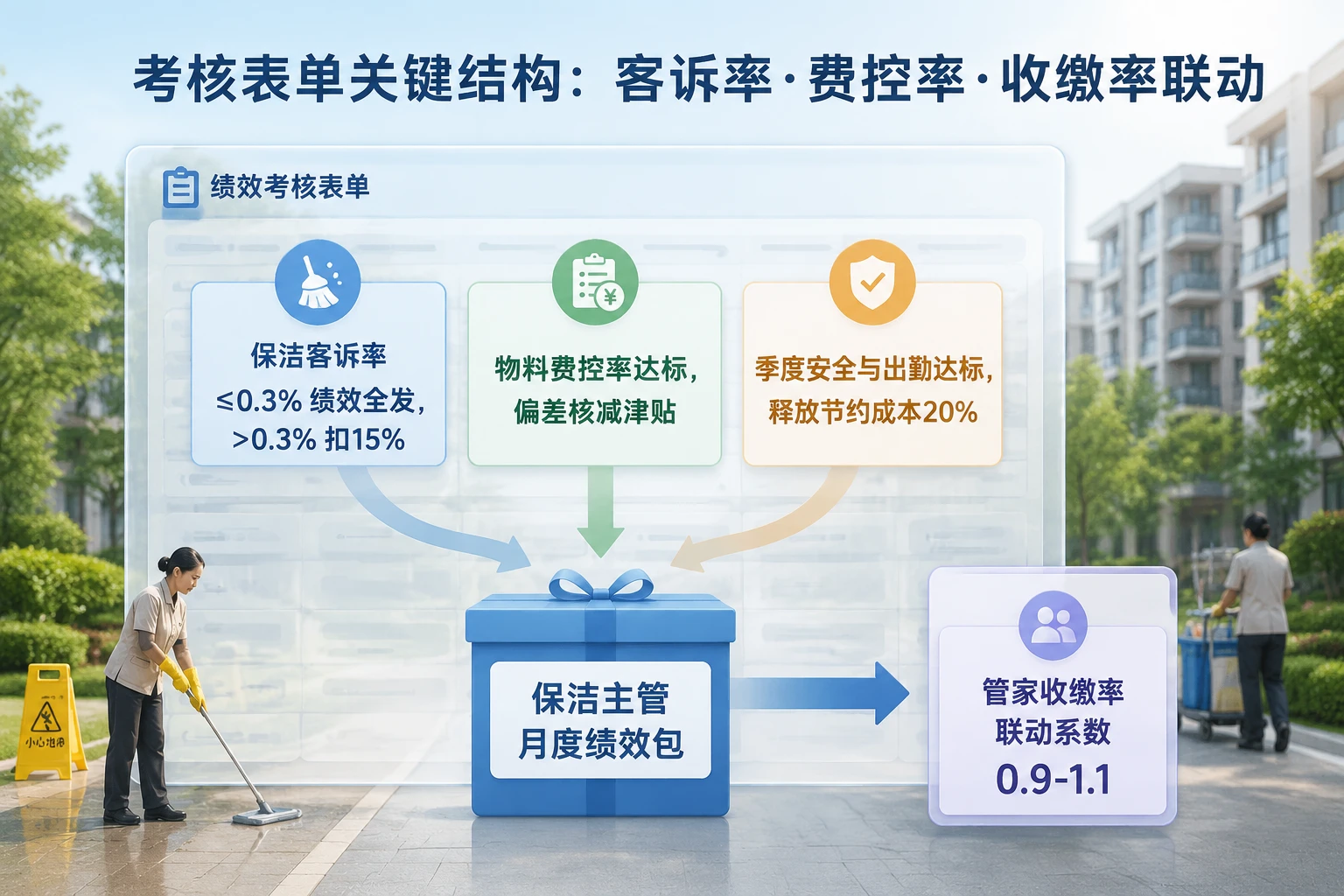 住宅物业客服与保洁绩效联动模板:收缴率、客诉率与费控包干(2026年版)