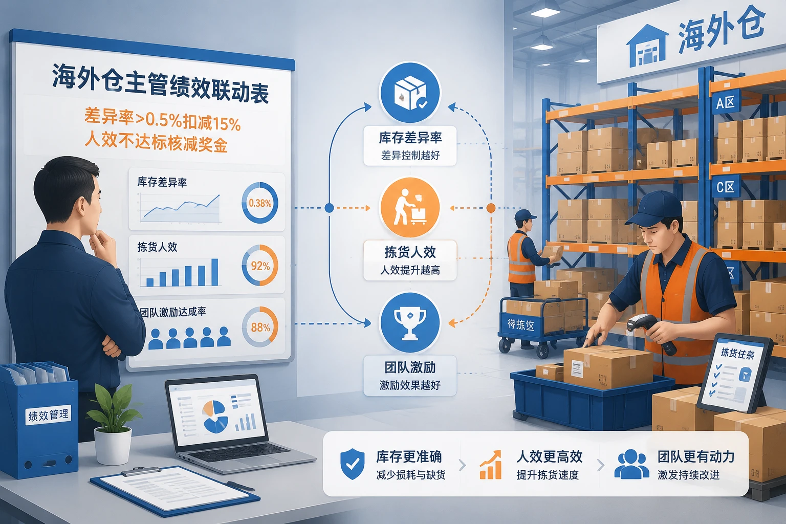海外仓主管绩效联动表:差异率>0.5%扣减15%,人效不达标核减奖金