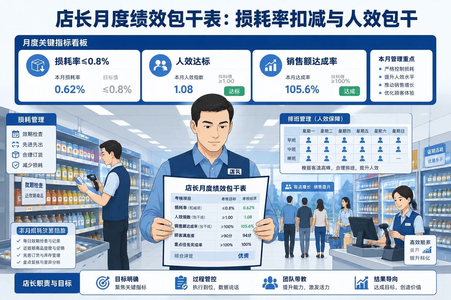 连锁便利店店长绩效表:损耗率0.8%扣减与人效包干(2026年版)