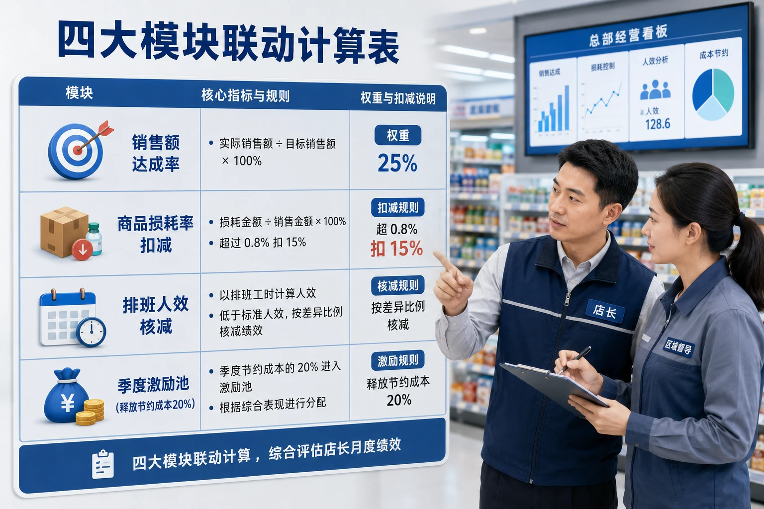 连锁便利店店长绩效表:损耗率0.8%扣减与人效包干(2026年版)