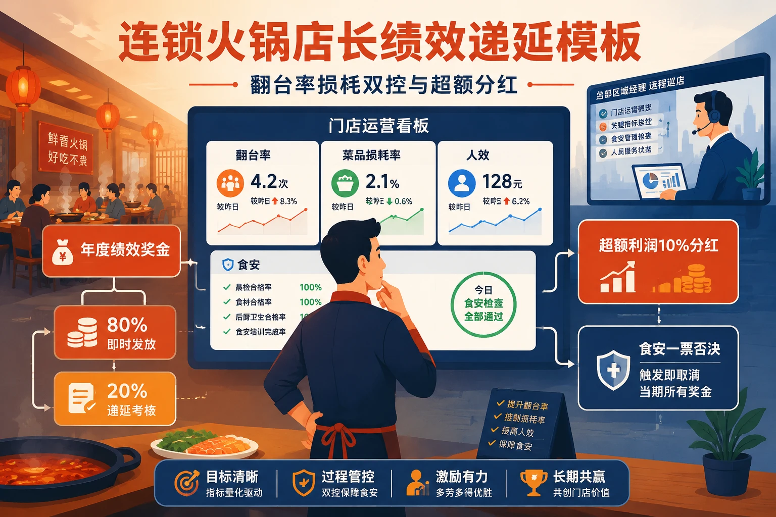 连锁火锅店长年度绩效递延模板:翻台率损耗双控与超额分红