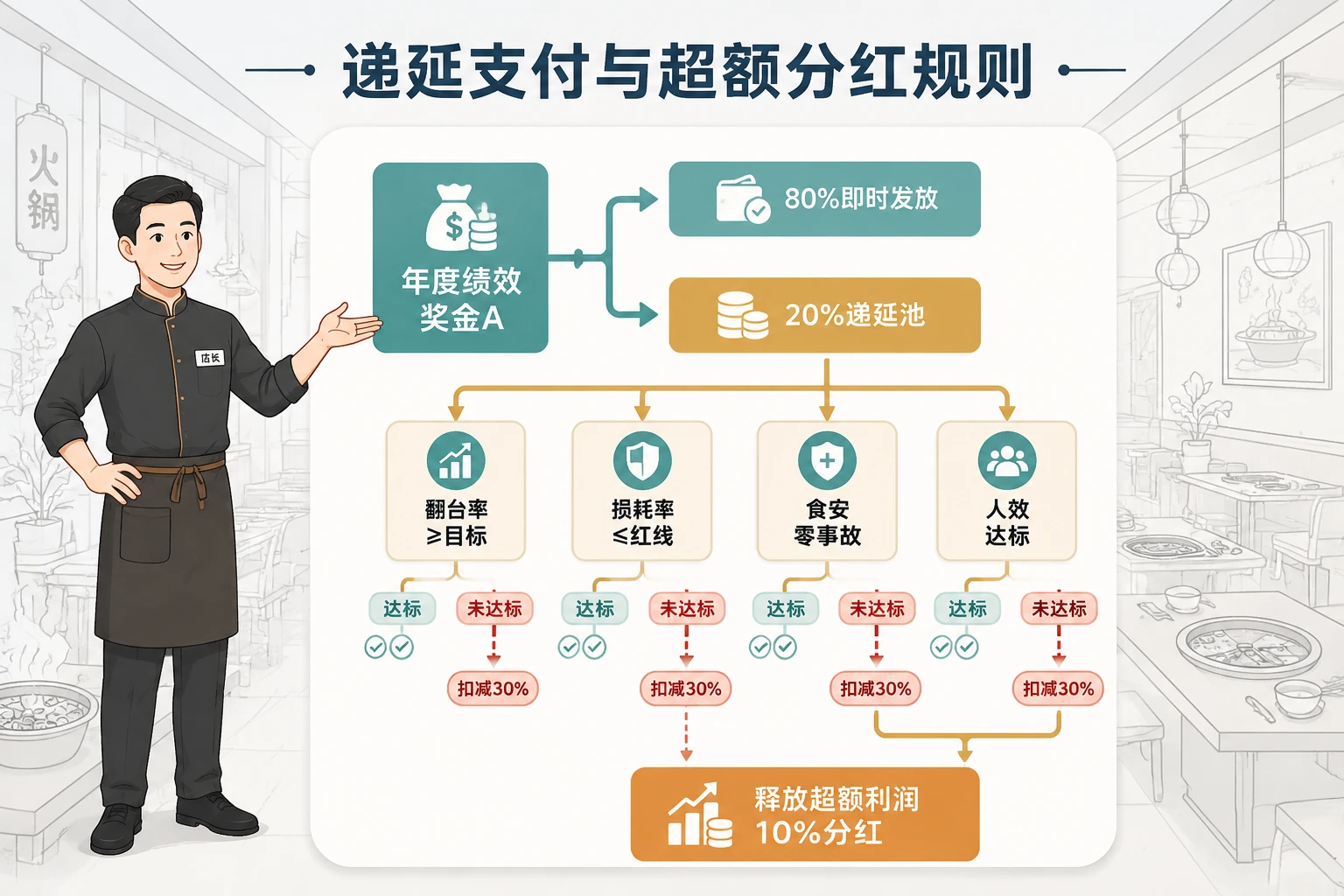 连锁火锅店长年度绩效递延模板:翻台率损耗双控与超额分红
