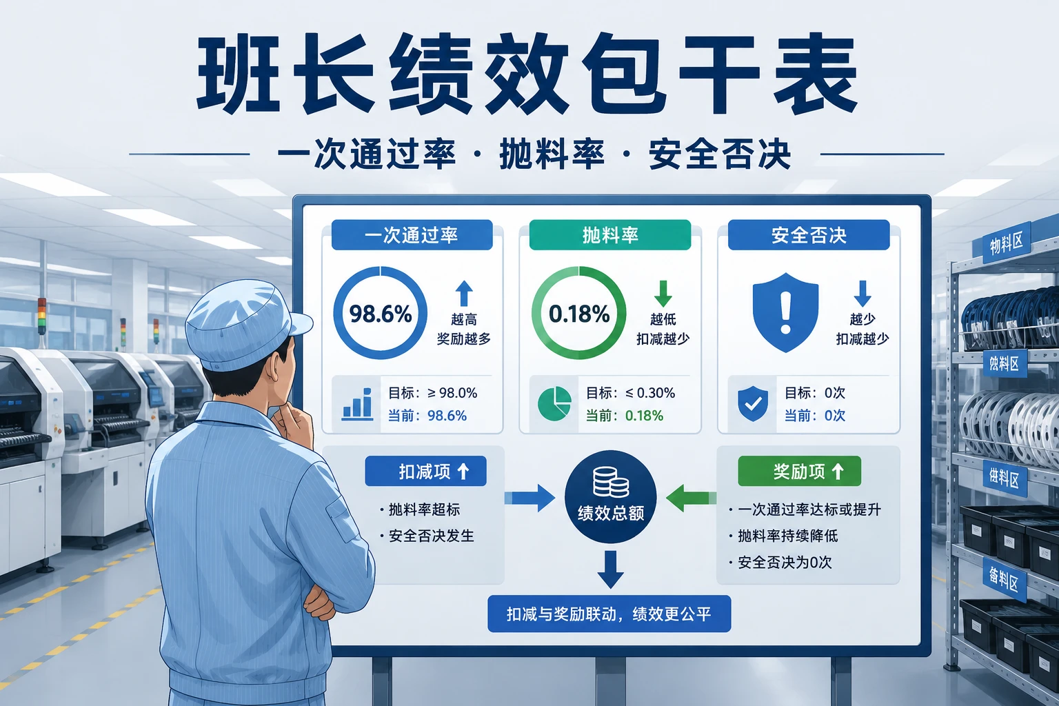 2026年SMT班长月度绩效包干表：一次通过率、抛料率与安全否决