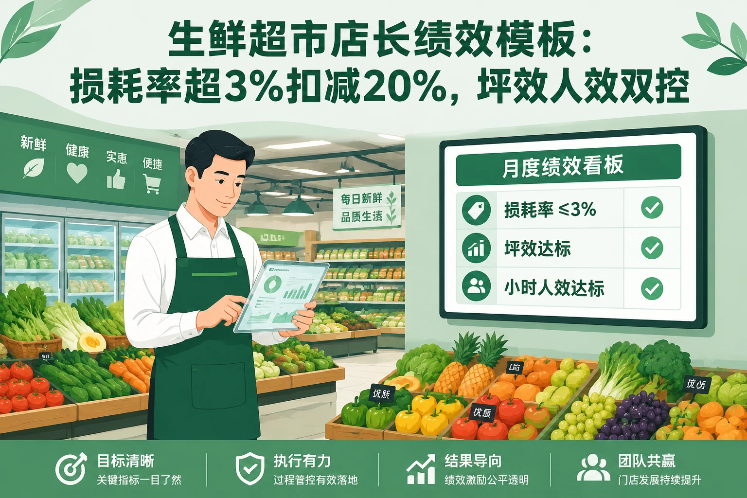 生鲜超市店长绩效模板:损耗率超3%扣减20%,坪效人效双控