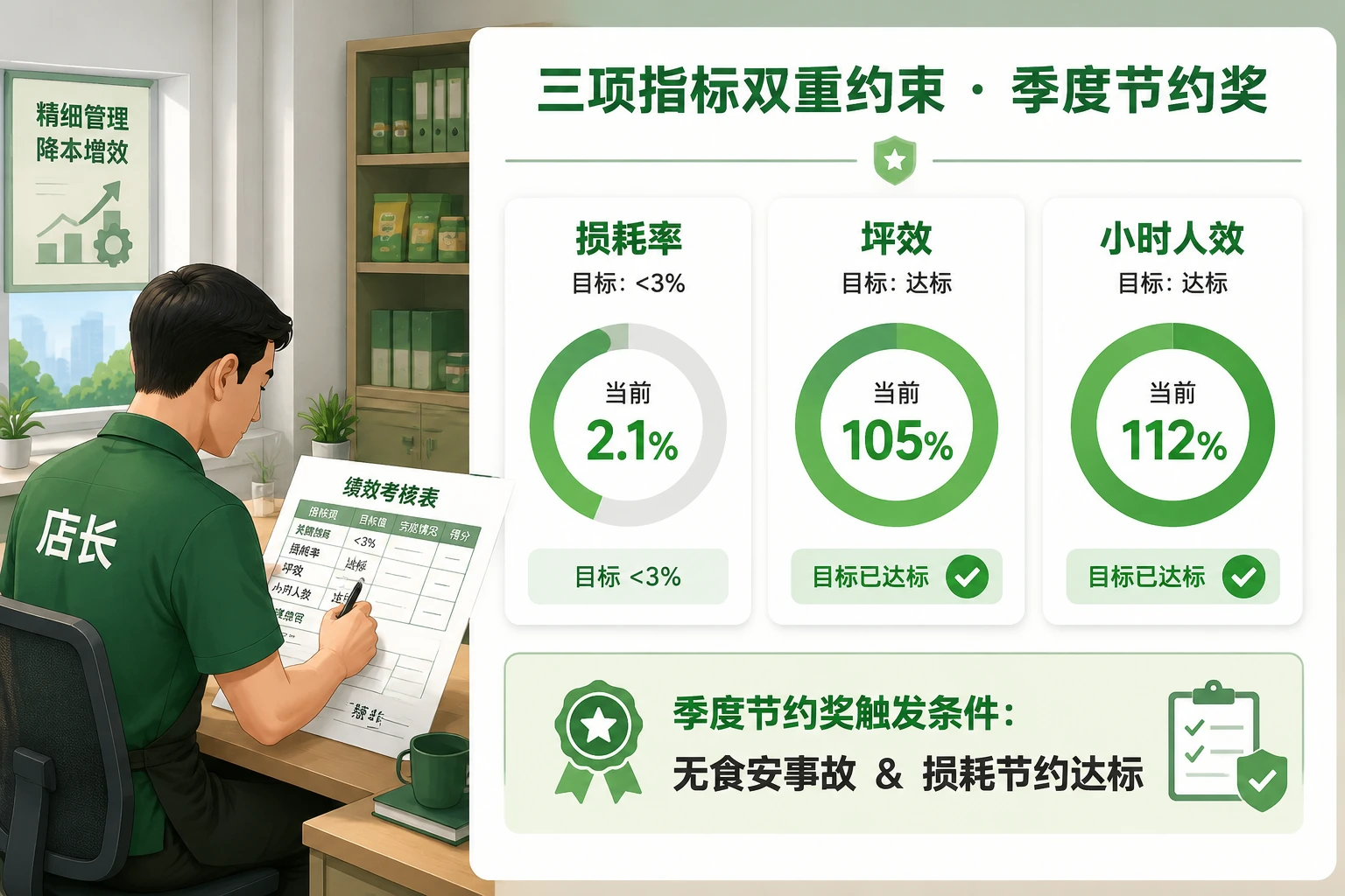 生鲜超市店长绩效模板:损耗率超3%扣减20%,坪效人效双控