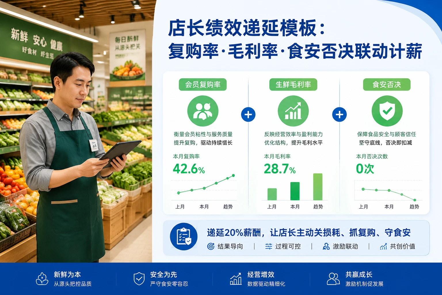 2026年社区生鲜店长度绩效递延模板:复购率、生鲜毛利率与食安否决联动计薪