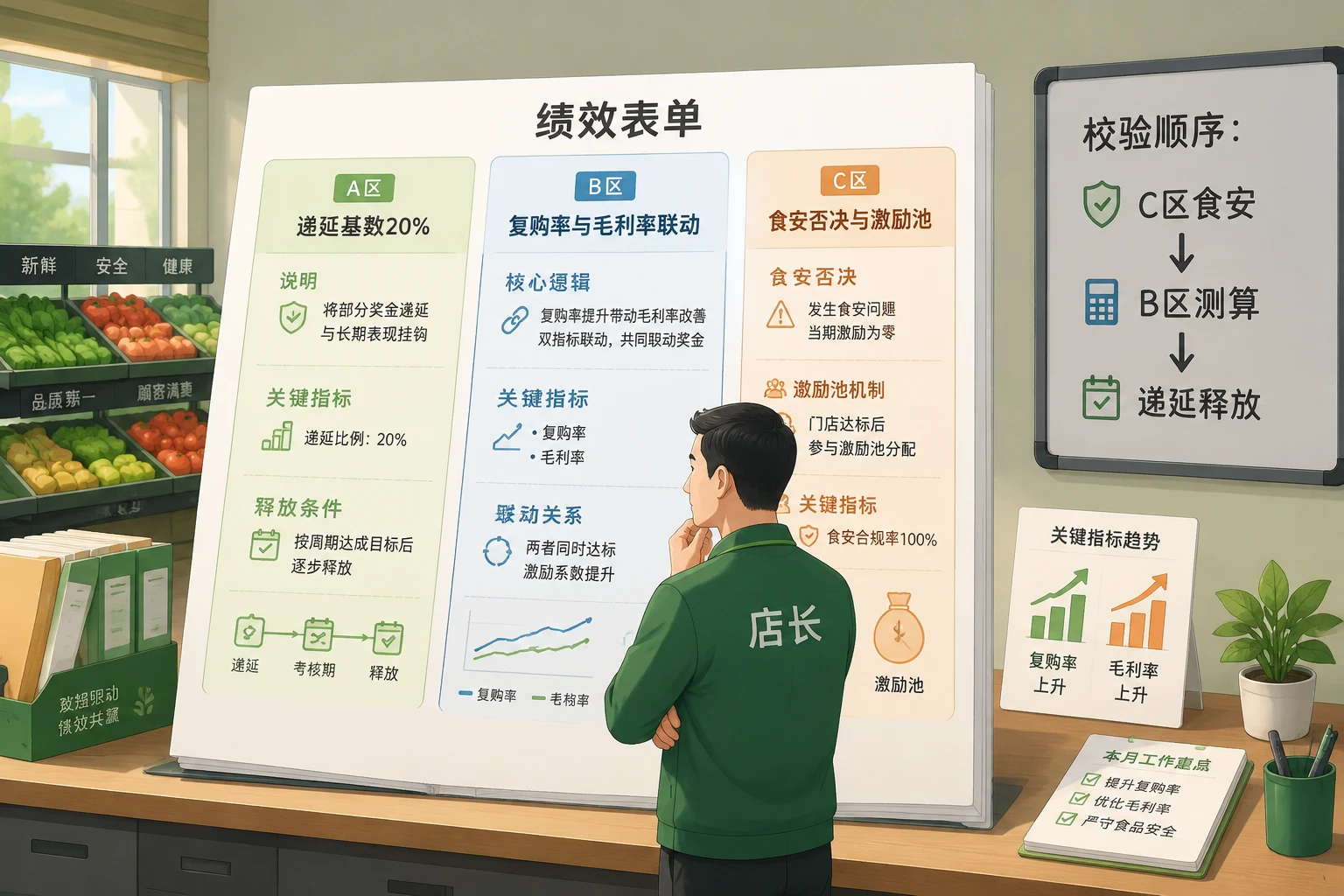 2026年社区生鲜店长度绩效递延模板:复购率、生鲜毛利率与食安否决联动计薪