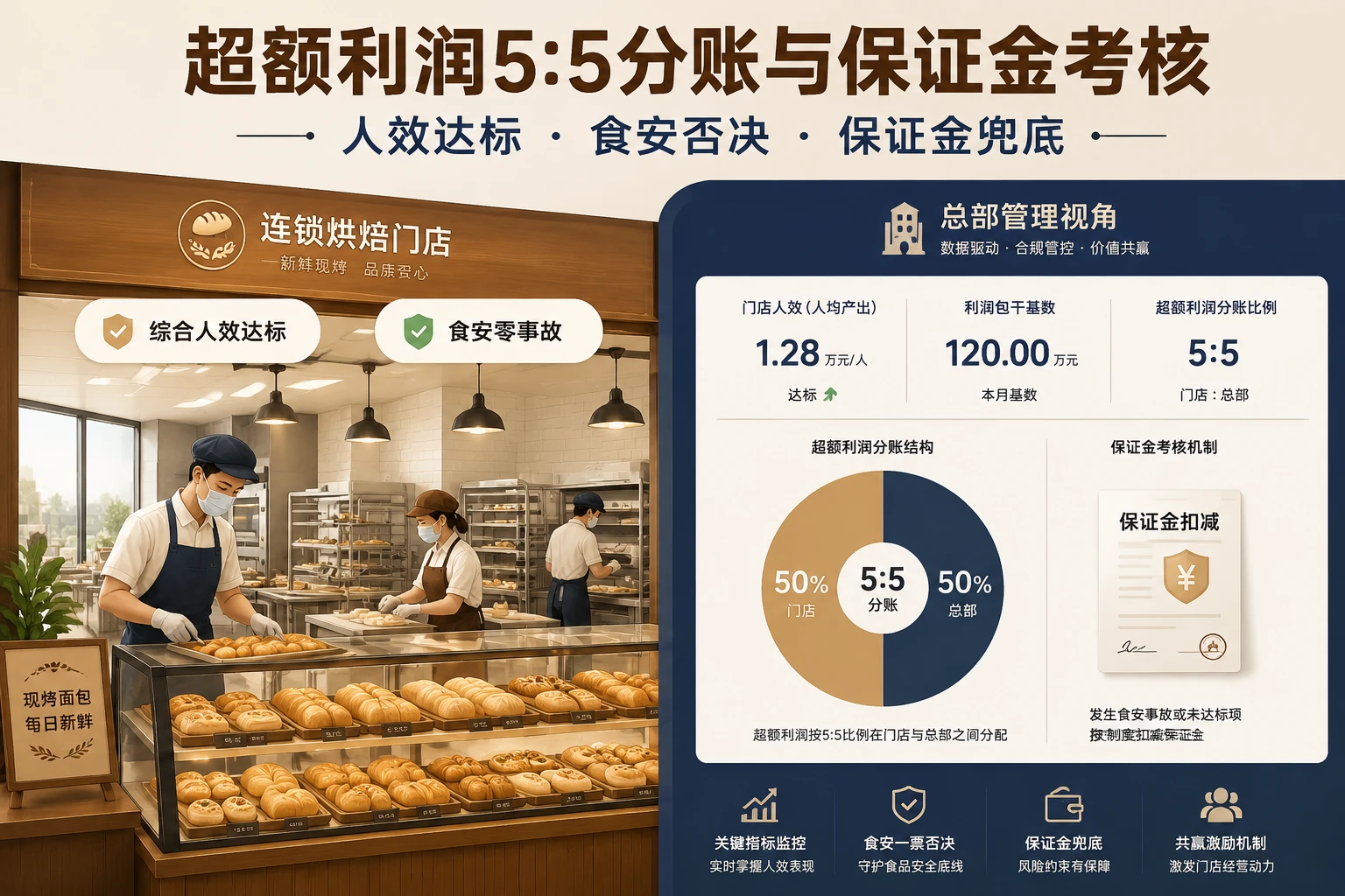 2026年连锁烘焙门店合伙人超额利润5:5分账与保证金扣减考核
