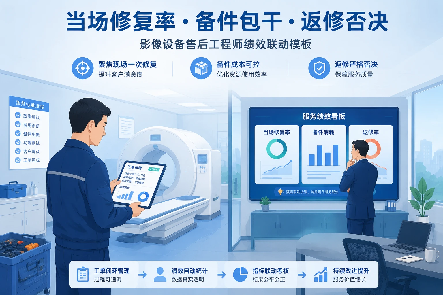2026年影像设备售后工程师绩效联动模板：当场修复率、备件包干与返修否决
