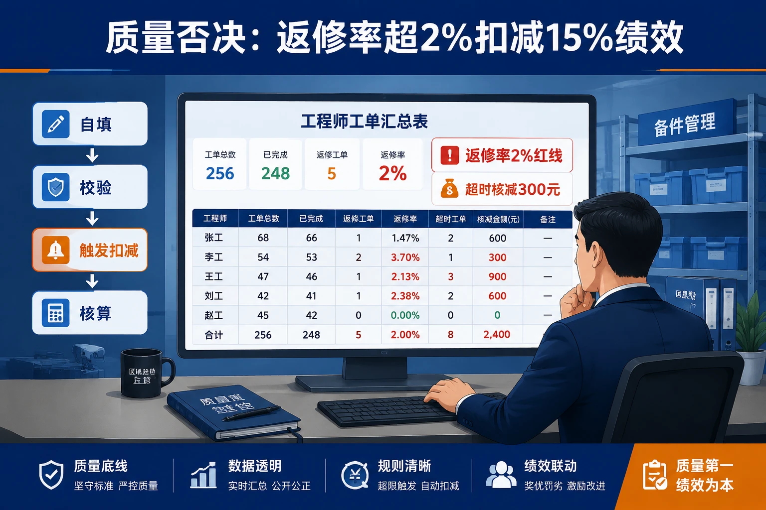 2026年影像设备售后工程师绩效联动模板：当场修复率、备件包干与返修否决