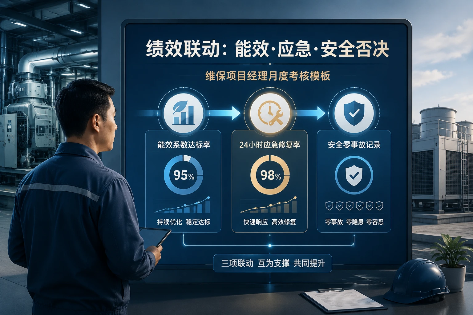 商业楼宇中央空调维保项目经理绩效联动模板：能效系数、应急抢修与安全否决