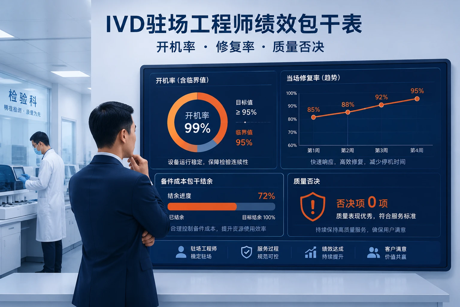 IVD驻场工程师绩效包干表：开机率、修复率与质量否决