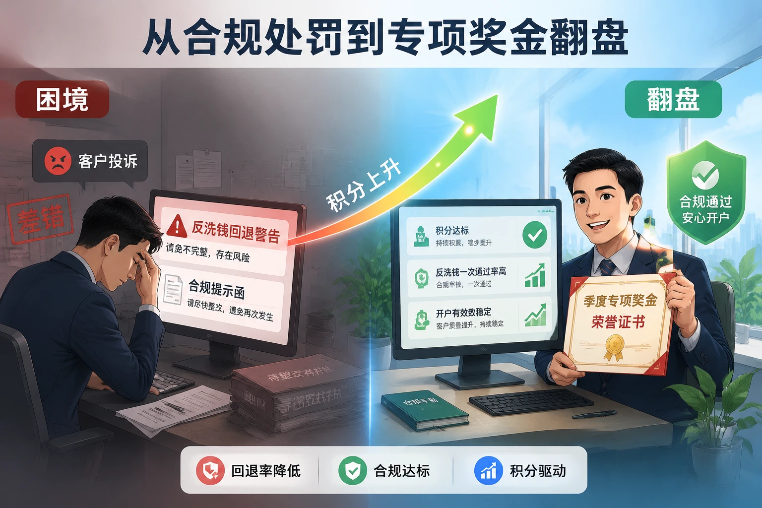 开户专员绩效积分制：日均有效开户、反洗钱一次通过率与专项奖金