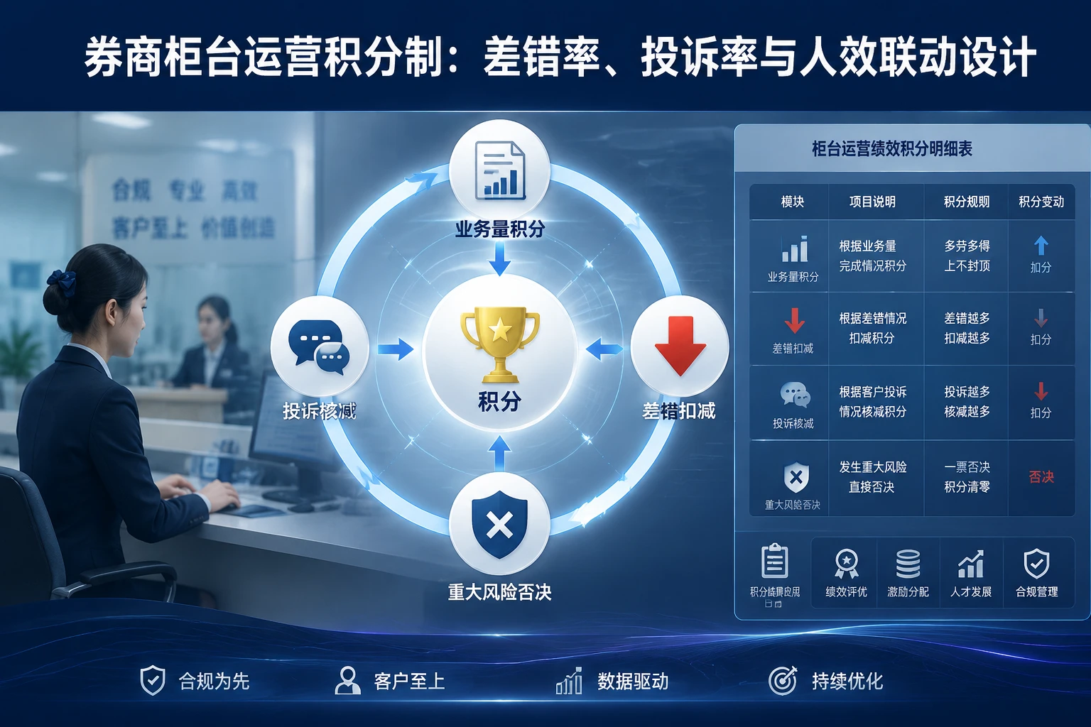 券商柜台运营积分制：差错率、投诉率与人效联动设计