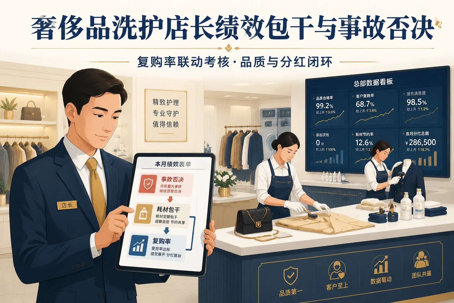 2026年奢侈品洗护店长绩效包干与事故否决表：复购率挂钩