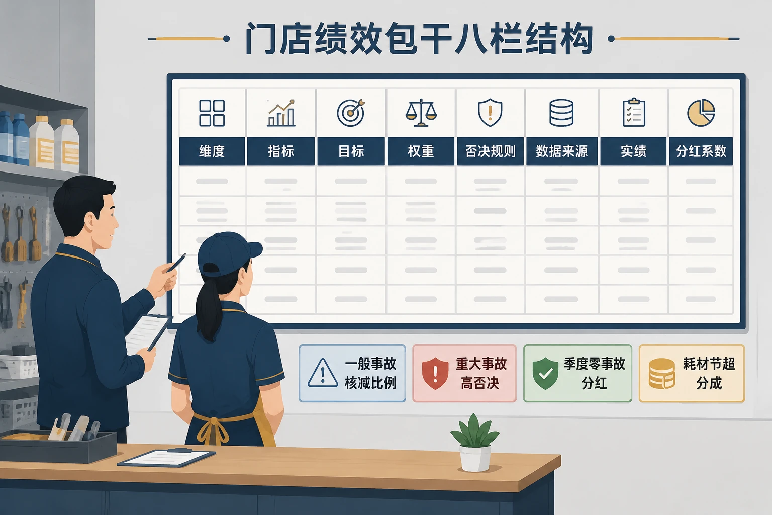 2026年奢侈品洗护店长绩效包干与事故否决表：复购率挂钩