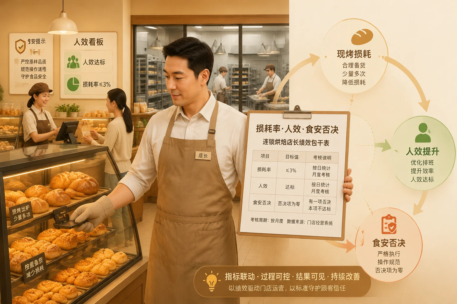 2026年连锁烘焙店长绩效包干表：损耗率·人效·食安否决
