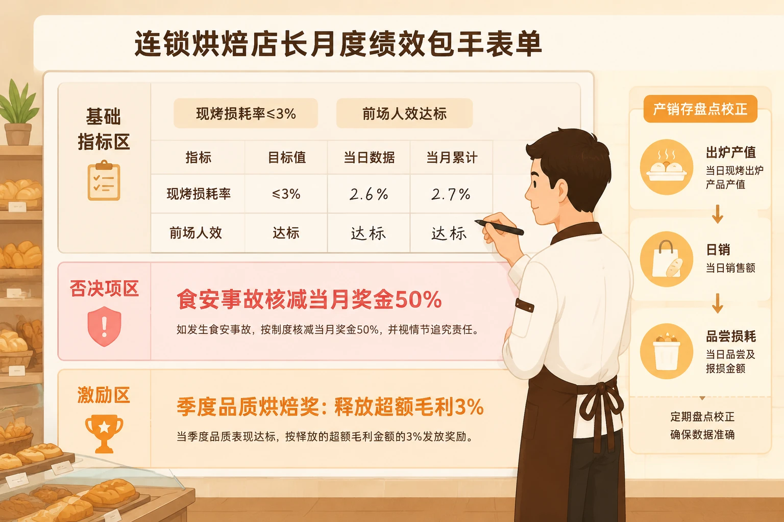 2026年连锁烘焙店长绩效包干表：损耗率·人效·食安否决