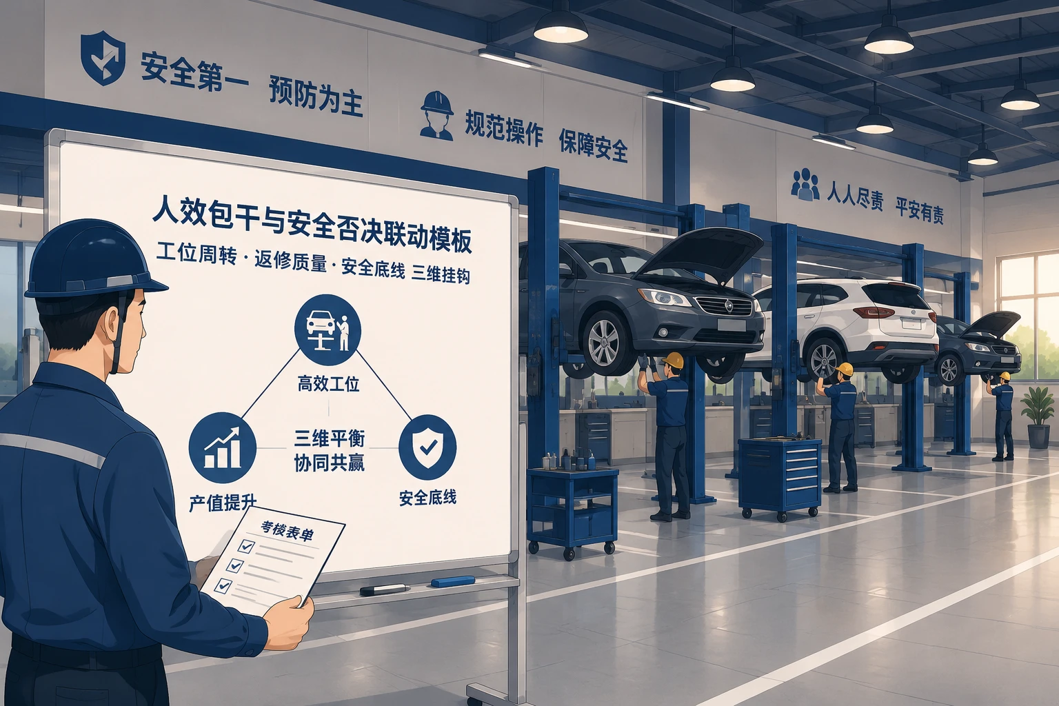 汽车4S店售后车间主管人效包干与安全否决联动模板