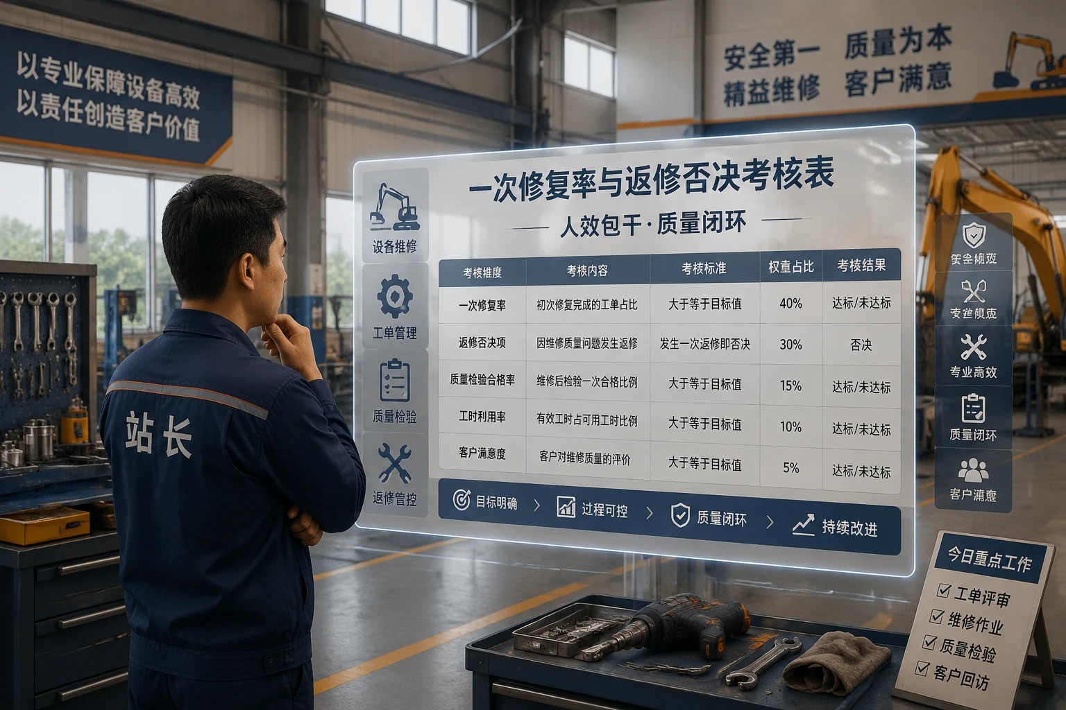 挖掘机售后站长绩效考核表：一次修复率与返修否决（2026年版）
