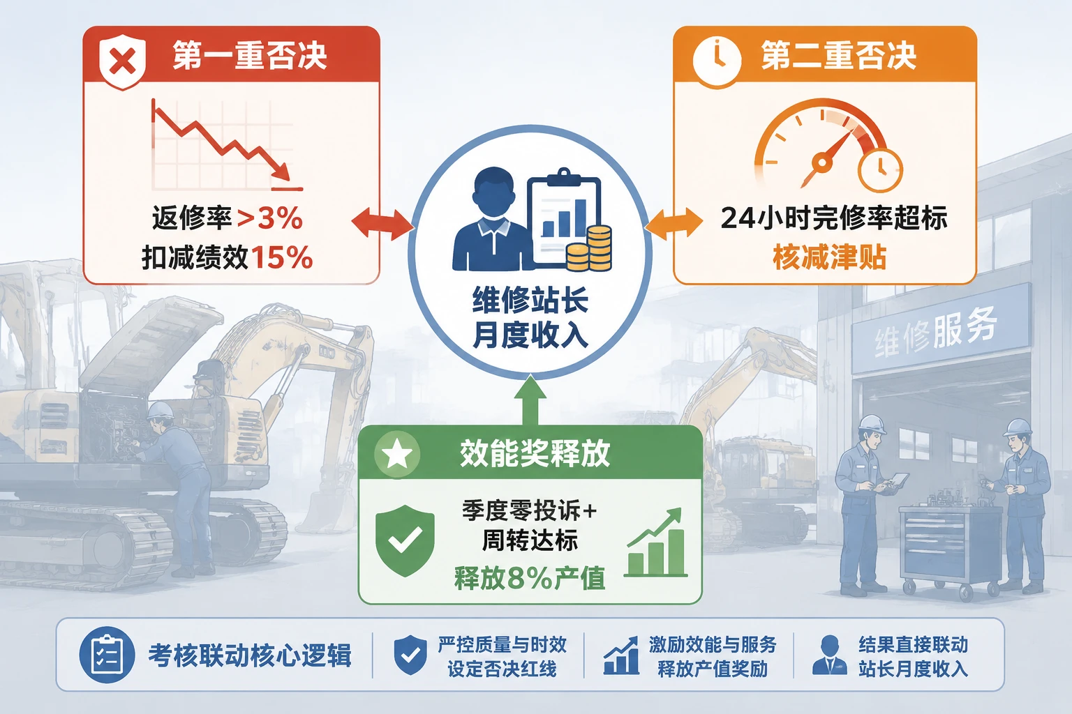 挖掘机售后站长绩效考核表：一次修复率与返修否决（2026年版）
