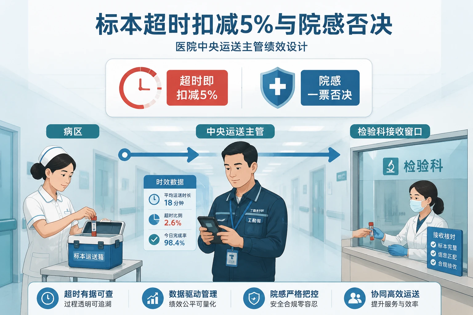 医院中央运送主管绩效设计：标本超时扣减5%与院感否决