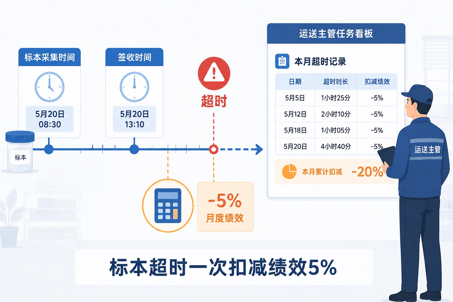 医院中央运送主管绩效设计：标本超时扣减5%与院感否决