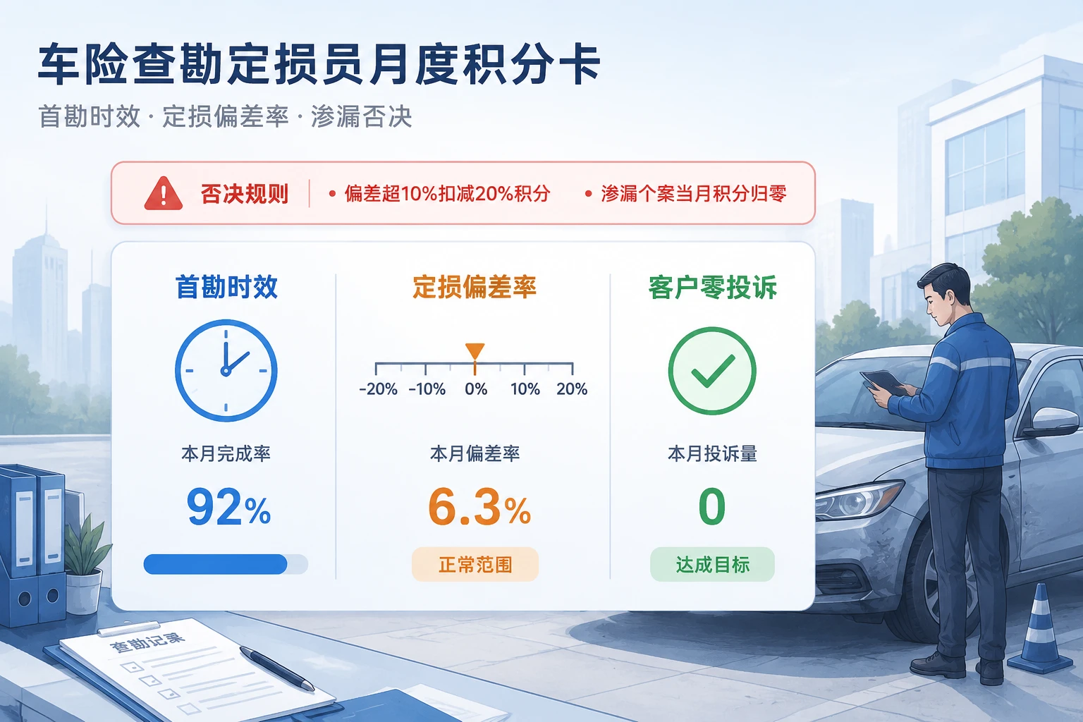 车险查勘定损员月度积分卡:首勘时效·定损偏差率·渗漏否决