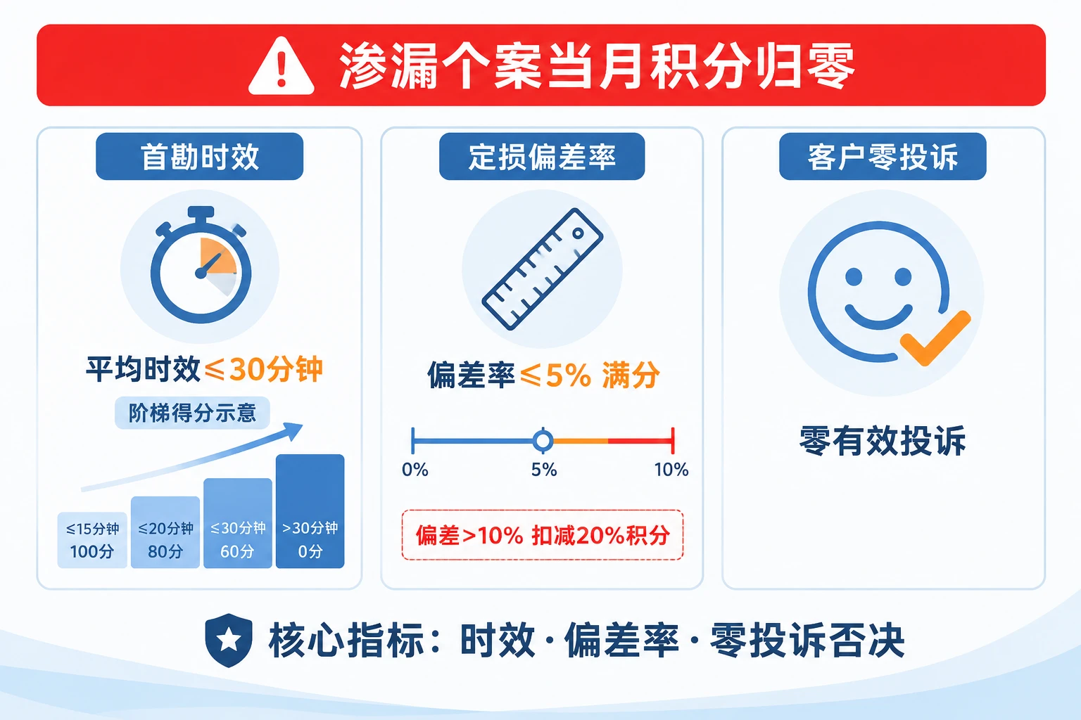 车险查勘定损员月度积分卡:首勘时效·定损偏差率·渗漏否决