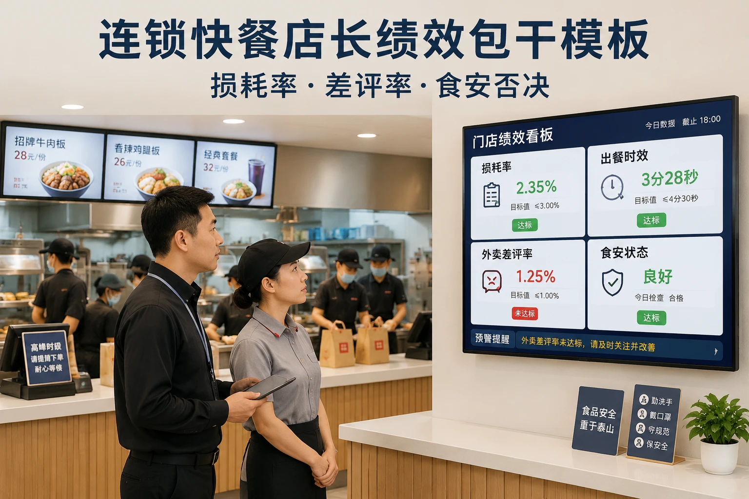连锁快餐店长经营绩效包干模板:损耗率·差评率·食安否决